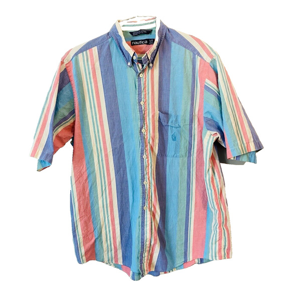Vintage 1990's Nautica Pastel Striped Short Sleeve Button Shirt Mens Large - Picture 1 of 12